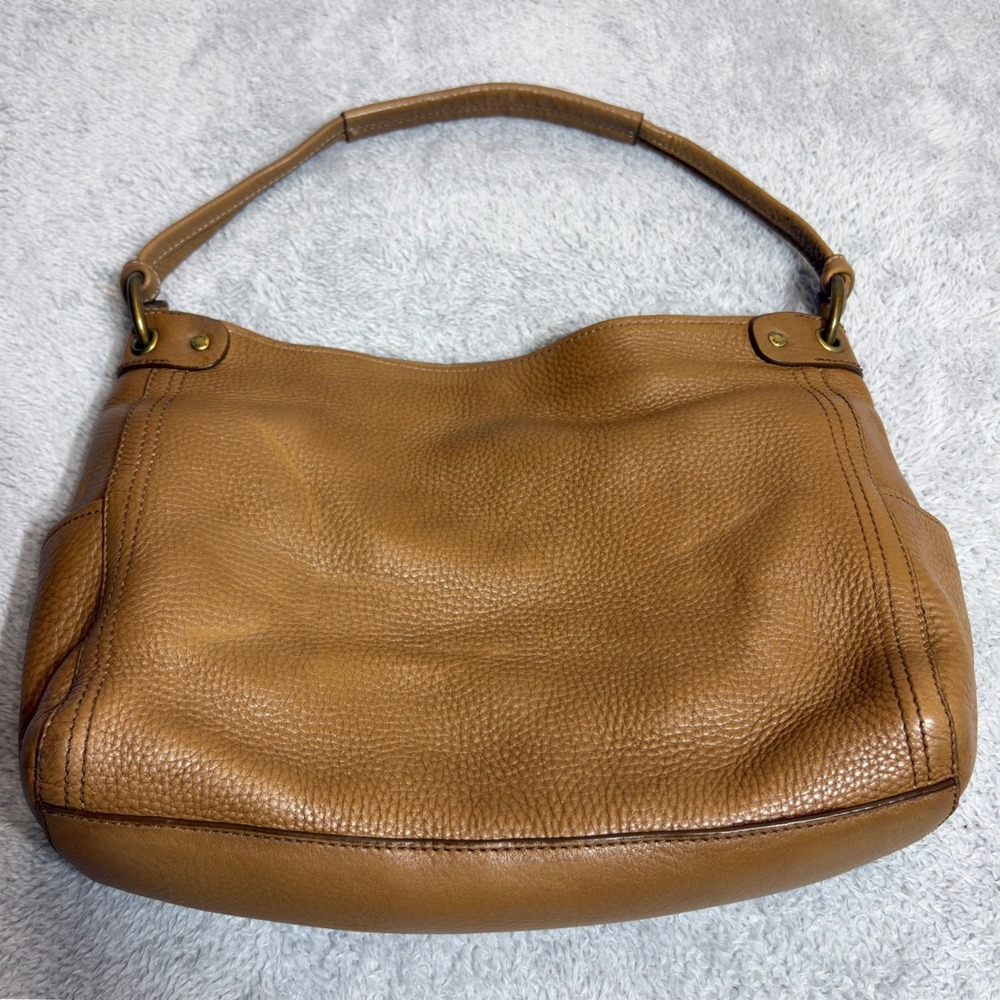 Fossil Hobo Bag Womens Large Tan Pebbled Leather Shoulder Purse Brass Hardware